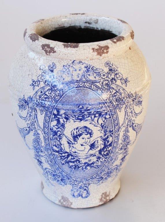 Blue & White Distressed Planter With Rim